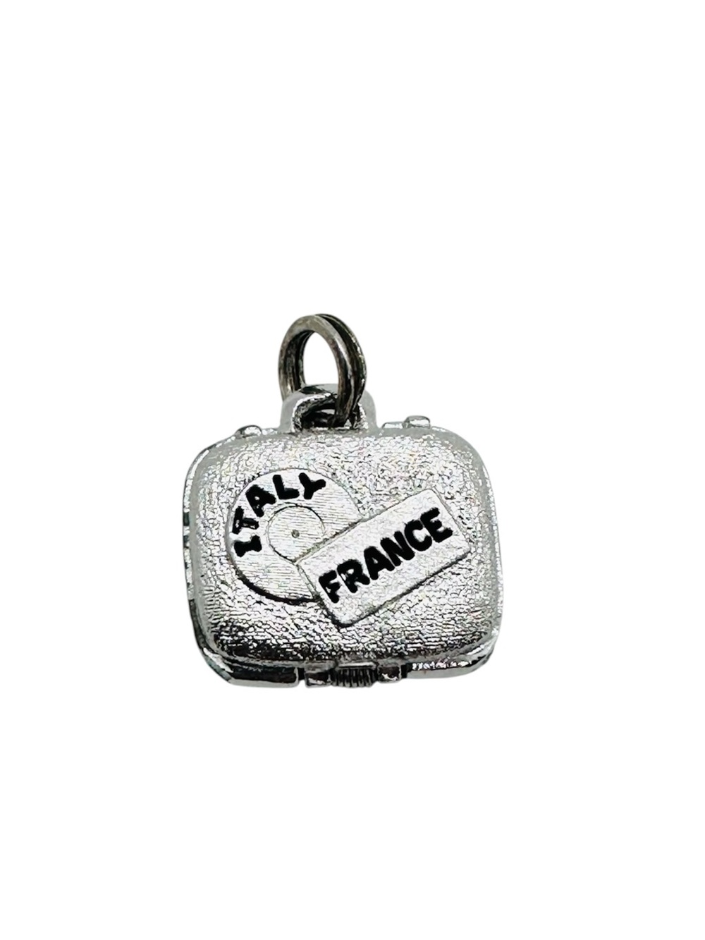 Vintage Silver Tone Travel Suitcase Charm Italy & France, England & USA Labels